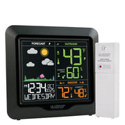 La Crosse L78571 front display showing colorful forecast, quick indoor/outdoor readout