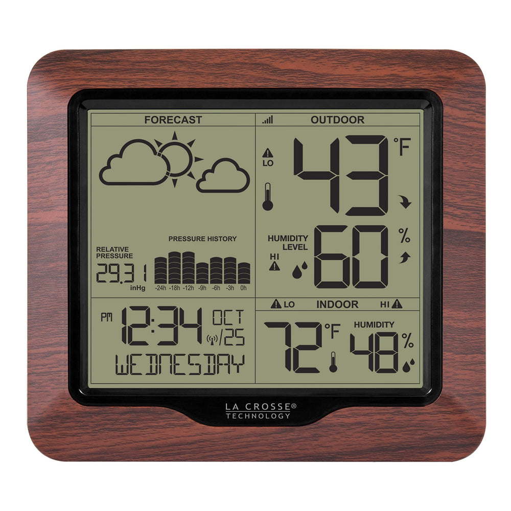 La Crosse Technology front console view showing readable forecast and readings