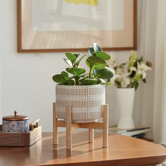 LA JOLIE MUSE oak wood stand detail showing dowel construction and stable support