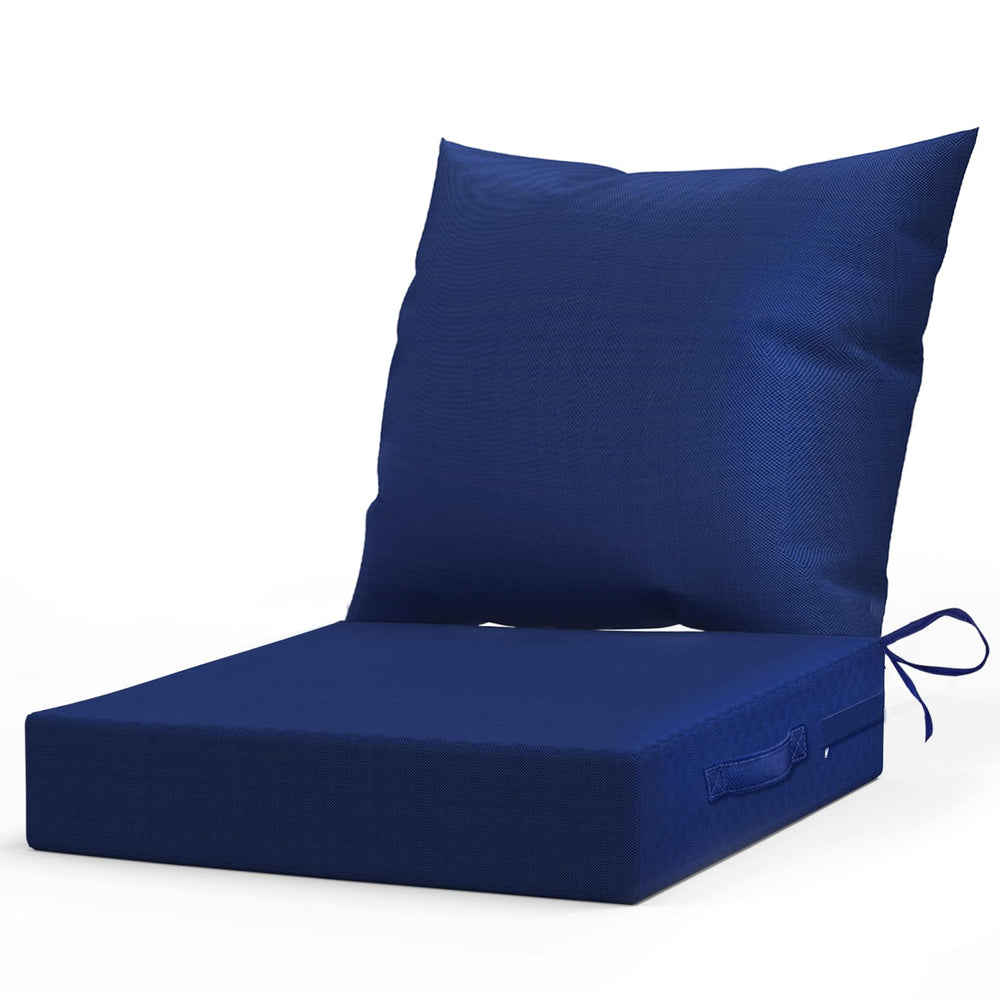 L'AGRATY navy front view showing full outdoor cushion set and neat finish