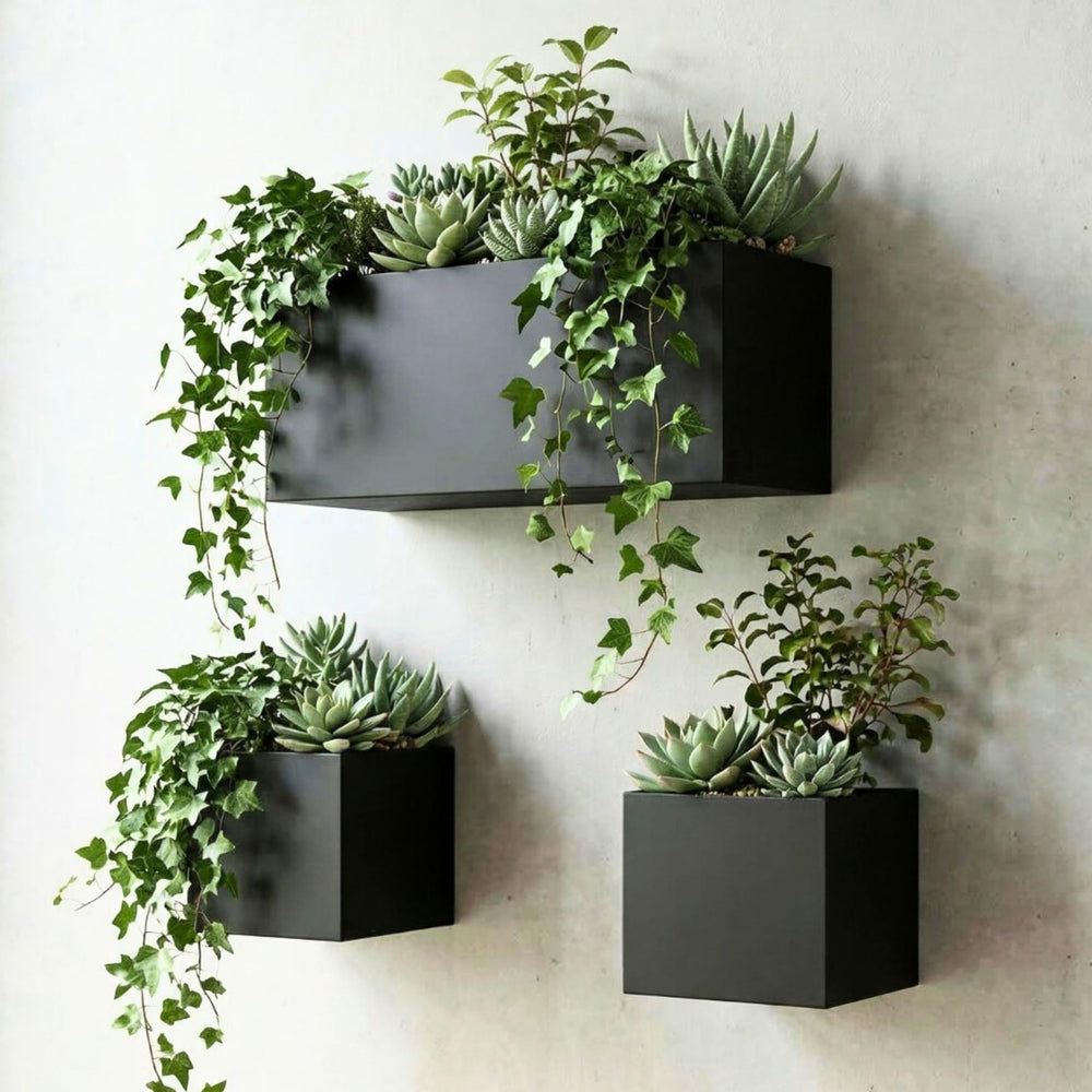 LáLáGreen front view of three black planters showing sleek modern look