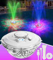 LanAqua front view of floating fountain showing shape and lights for pool ambiance