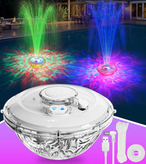 LanAqua front view of floating fountain showing shape and lights for pool ambiance