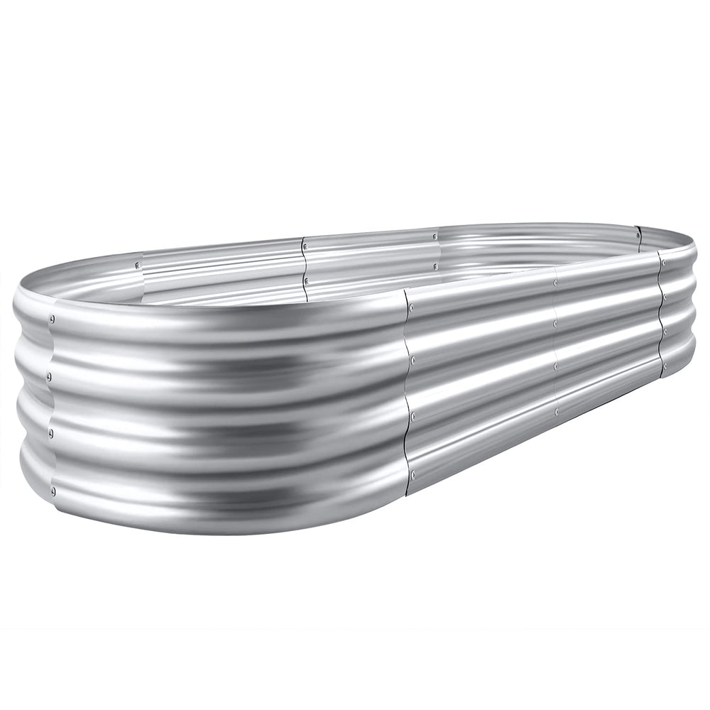 Land Guard front view of galvanized raised bed showing sturdy oval shape and finish