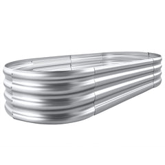 Land Guard front view of galvanized raised bed showing sturdy oval shape and finish