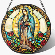 LAOWEIKI front view of Our Lady of Guadalupe suncatcher shows vibrant colors and faith decor