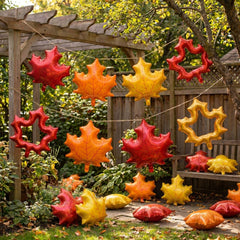 LaRandom clustered leaves used as party backdrop creating vibrant seasonal atmosphere