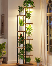 LASZOLA front view tall plant stand showing seven tiers and corner fit benefit