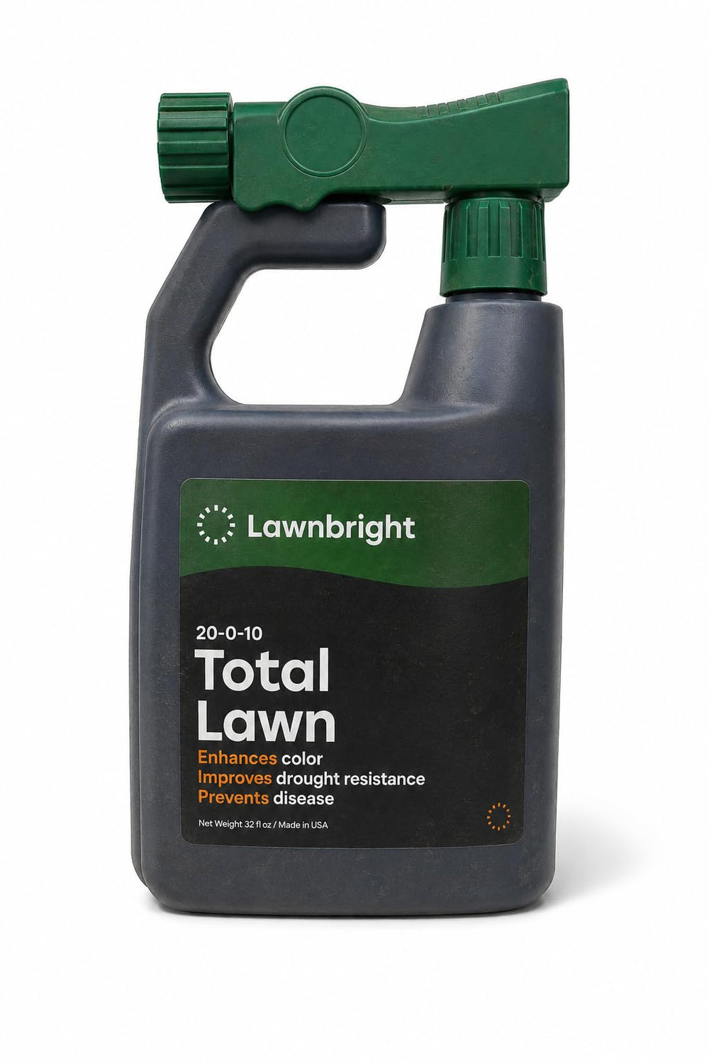 lawnbright front packaging shows bottle and sprayer, quick application benefit
