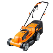LawnMaster front view showing deck and plug-in convenience benefit