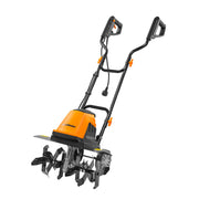 LawnMaster front view showing compact electric tiller and controls benefit: clear operation