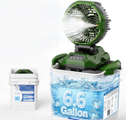 Lazenry front view showing compact portable misting fan and sturdy handle for easy transport