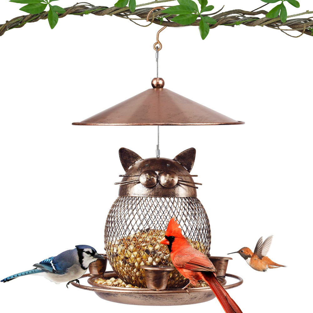 LBTING cat-shaped feeder front view showing decorative bronze design and perches