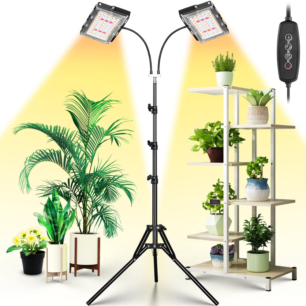 LBW grow light front view showing dual heads and tripod providing balanced illumination