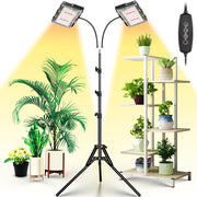 LBW grow light front view showing dual heads and tripod providing balanced illumination