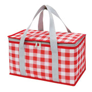 Lchkrep front view of closed red insulated picnic bag showing compact design and portability