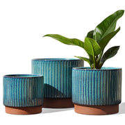 LE TAUCI front view of three striped ceramic planters showing coordinated set