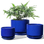 LE TAUCI front view of three sapphire blue pots showing modern styling and versatility
