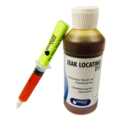 Leakmaster front packaging showing syringe and 8 oz bottle, fast leak detection benefit