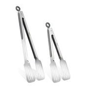 Lebabo front view of two tongs showing durable stainless-steel design and storage lock benefit