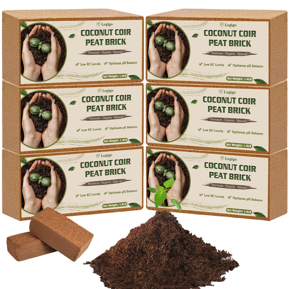 Legigo front packaging showing six compressed coco coir bricks and product details for easy storage