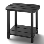 LEJANEOYE front view of two-tier bamboo side table showing sturdy design and compact footprint