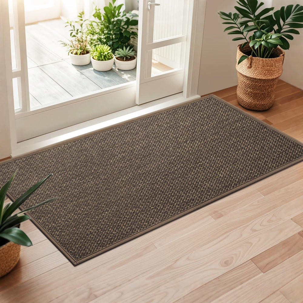LEKEEPGO front view of brown door mat showing full coverage and curb appeal