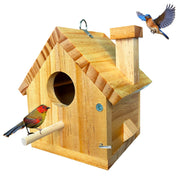 LENEDI front view of natural wood birdhouse showing compact, weather-ready design