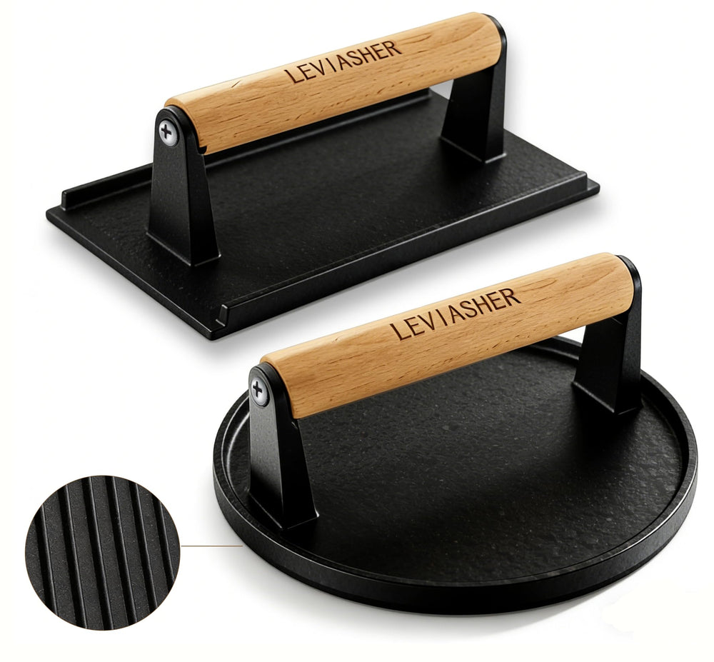 LEVIASHER press set front view showing both shapes and sturdy construction benefit even cooking