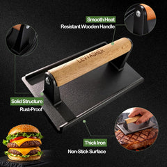 LEVIASHER press on Blackstone griddle flattening burger for faster sear and crisping benefit