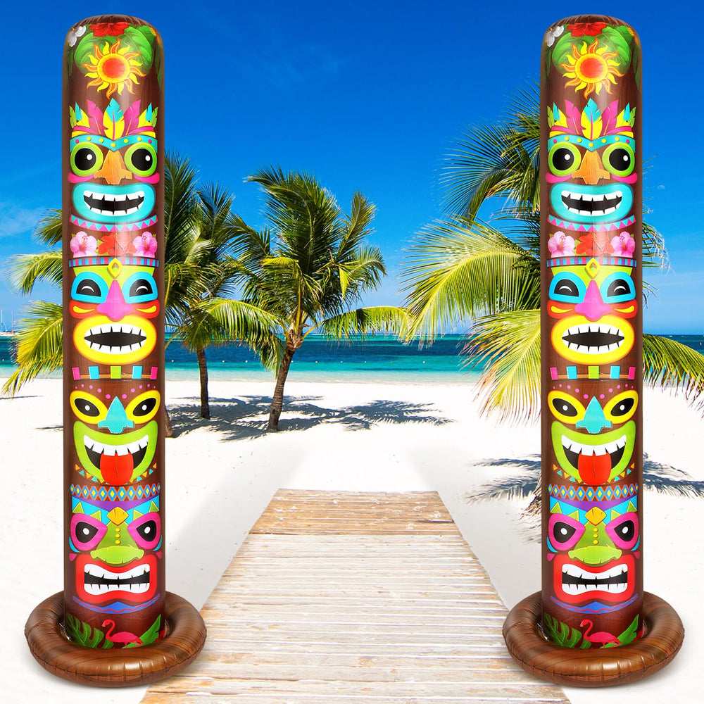 Leyndo front view of two 6 ft tiki inflatables showing colorful prints and height benefit