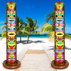 Leyndo front view of two 6 ft tiki inflatables showing colorful prints and height benefit