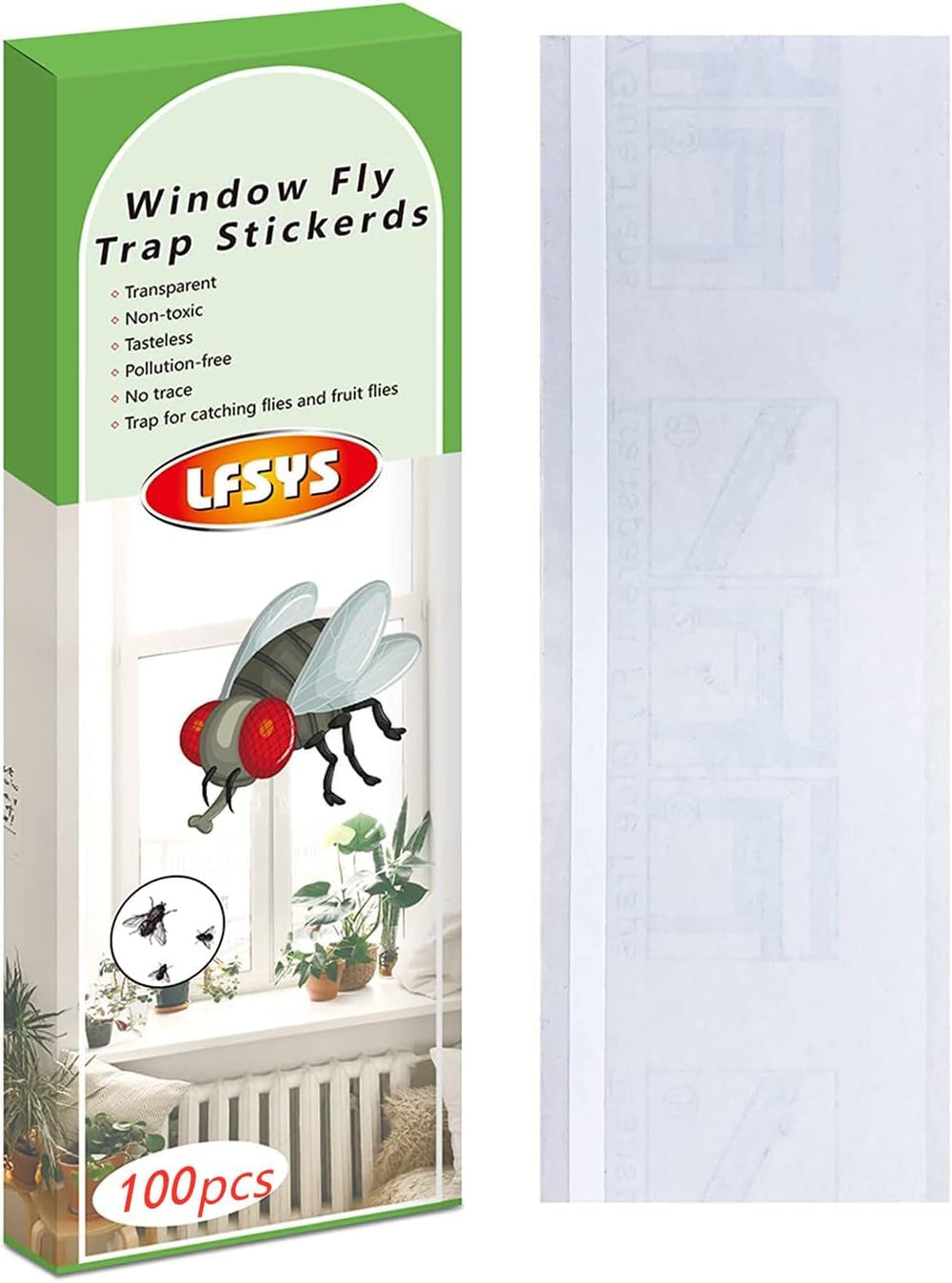 LFSYS front packaging showing 100-count fly traps and clear design benefit