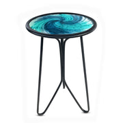 LIFFY front view of blue glass round table shows compact, colorful surface and sturdy frame