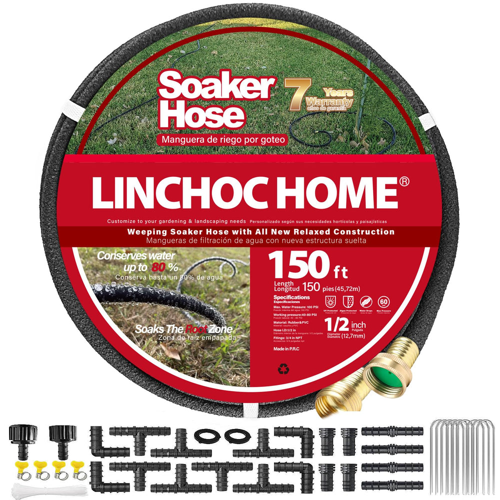 LINCHOC HOME front view of 150FT soaker hose kit showing full contents and benefits