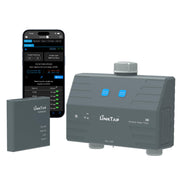 LinkTap D1 front view showing dual-zone controls and display, reliable outdoor watering