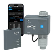 LinkTap G2S front view showing timer and gateway, reliable remote watering