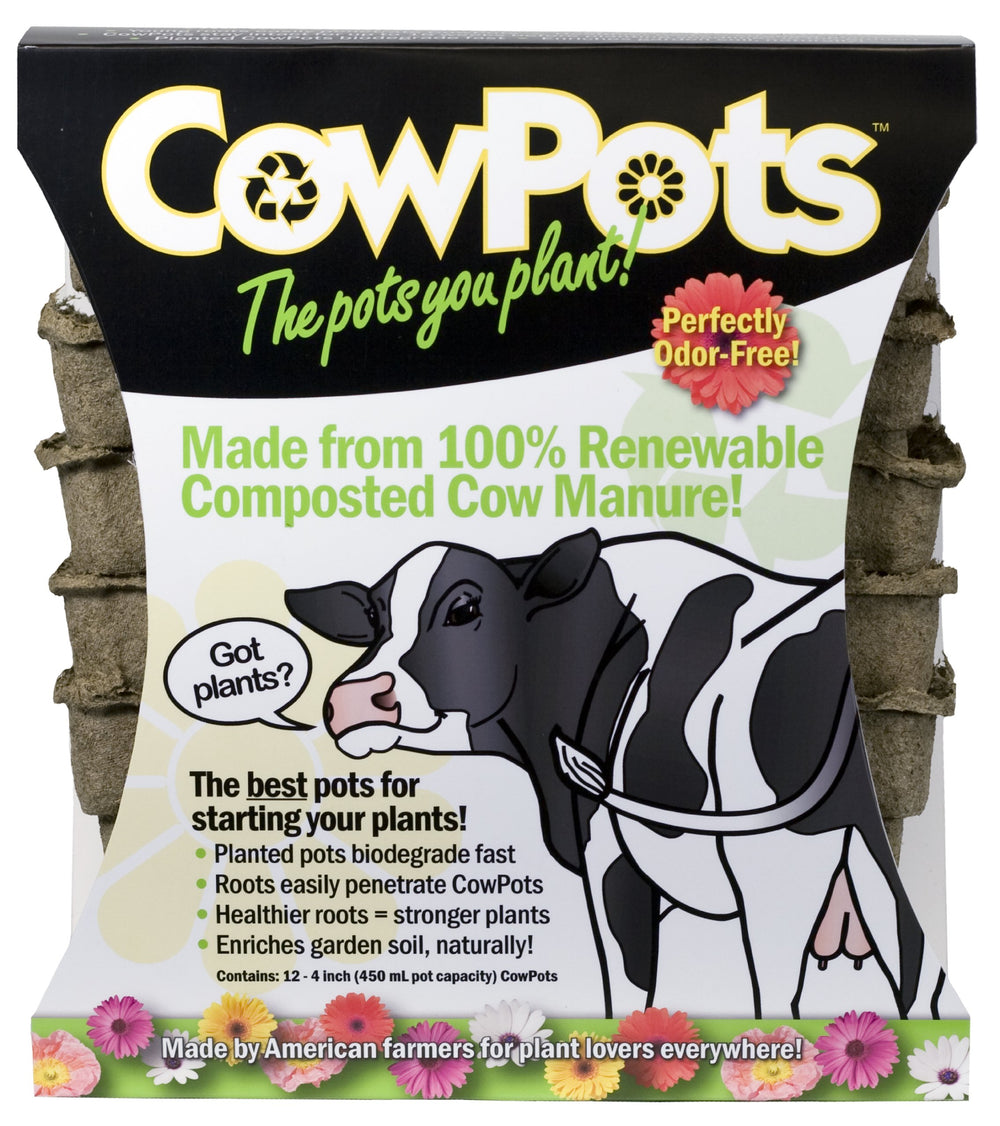 Liquid Fence CowPots front packaging showing 12-pack and planting benefit
