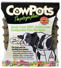 Liquid Fence CowPots front packaging showing 12-pack and planting benefit