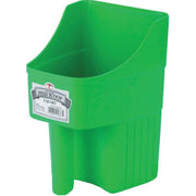 Little Giant lime green enclosed feed scoop front view showing shape and spill reduction benefit