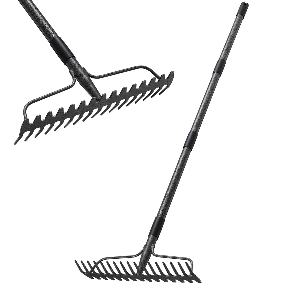 LLARGUEST bow rake front view showing full 17-prong head and long handle for efficient clearing