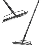 LLARGUEST bow rake front view showing full 17-prong head and long handle for efficient clearing