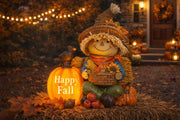 LocusArs scarecrow front view showing glowing pumpkin and welcoming display benefit