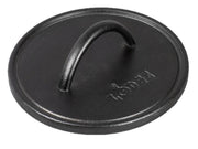 Lodge cast iron press front view showing solid build and easy seasoning benefit