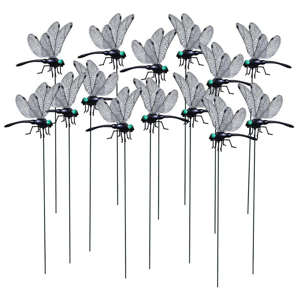 LOTADILO front view of 20 black dragonfly stakes for cohesive decor