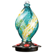 LUJII front view teal spiral feeder showing decorative shape and curb appeal