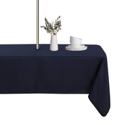 LUSHVIDA front view navy rectangle tablecloth showing full coverage and neat drape