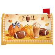 Luvsweets mailbox cover front view showing autumn pumpkin and football design for festive curb appeal