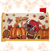 Luvsweets mailbox cover front view showing autumn football design and curb appeal