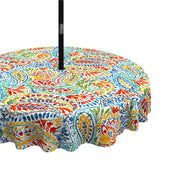 LVTXIII front view of paisley 60 inch tablecloth showing vibrant decoration and protection